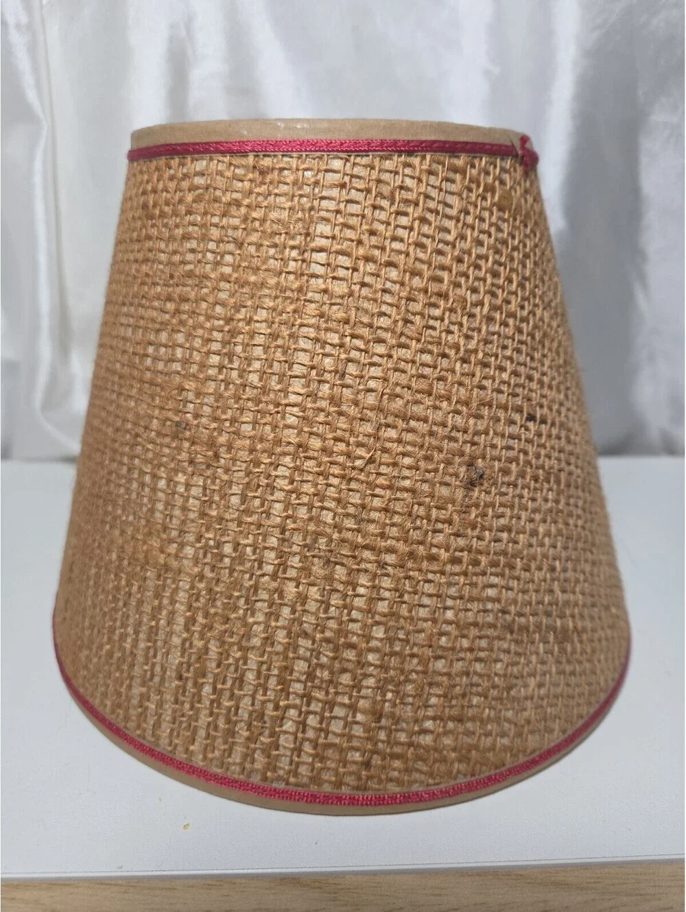 Vintage Clip On Burlap W/ Red Satin Trim Lamp Shade Parchment Paper Interior